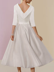 Tea-Length Mother of the Bride A-Line Dress with Jewel Neckline Half Sleeves Pleats and Pockets
