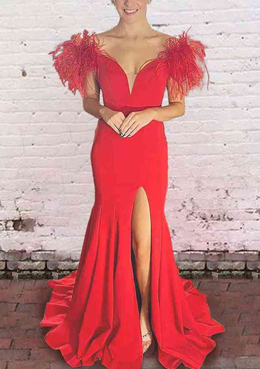 Trumpet Mermaid Satin Off The Shoulder Burgundy Prom Dress
