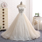 Unique Champagne Bateau Lace Wedding Dresses With Appliques Tulle Ruffles Bridal Gowns Online