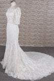 Unique Halfsleeves Lace Mermaid Wedding Dresses Champagne Bateau Bridal Gowns On Sale