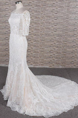 Unique Halfsleeves Lace Mermaid Wedding Dresses Champagne Bateau Bridal Gowns On Sale
