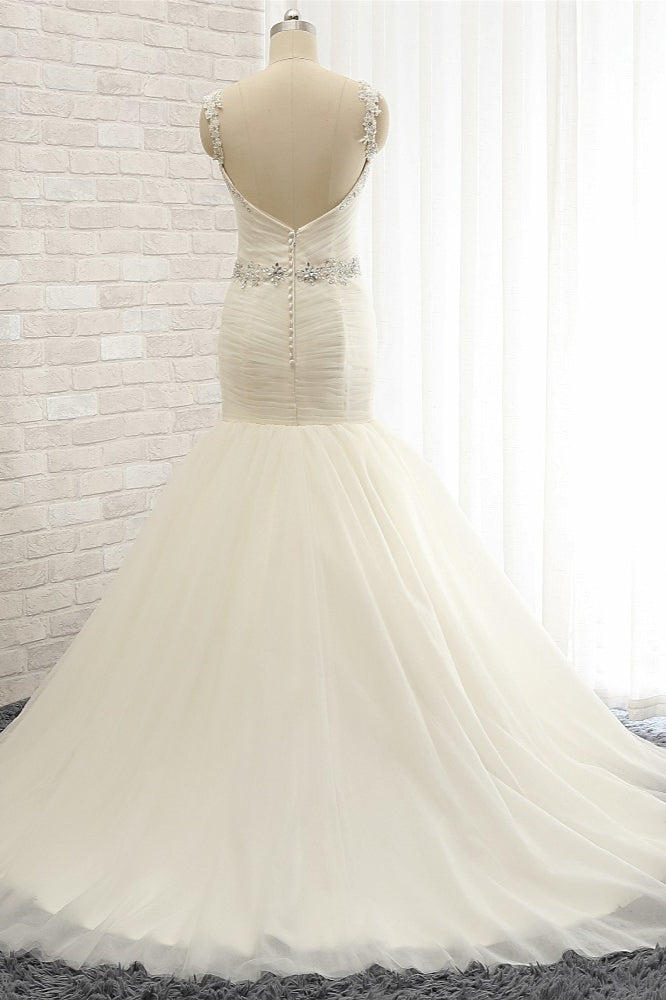 Unique Ivory Straps Mermaid Wedding Dresses Tulle Ruffles Sequins Bridal Gowns Online