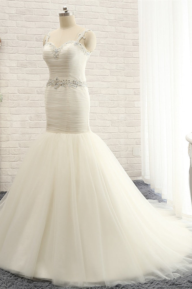 Unique Ivory Straps Mermaid Wedding Dresses Tulle Ruffles Sequins Bridal Gowns Online