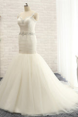 Unique Ivory Straps Mermaid Wedding Dresses Tulle Ruffles Sequins Bridal Gowns Online