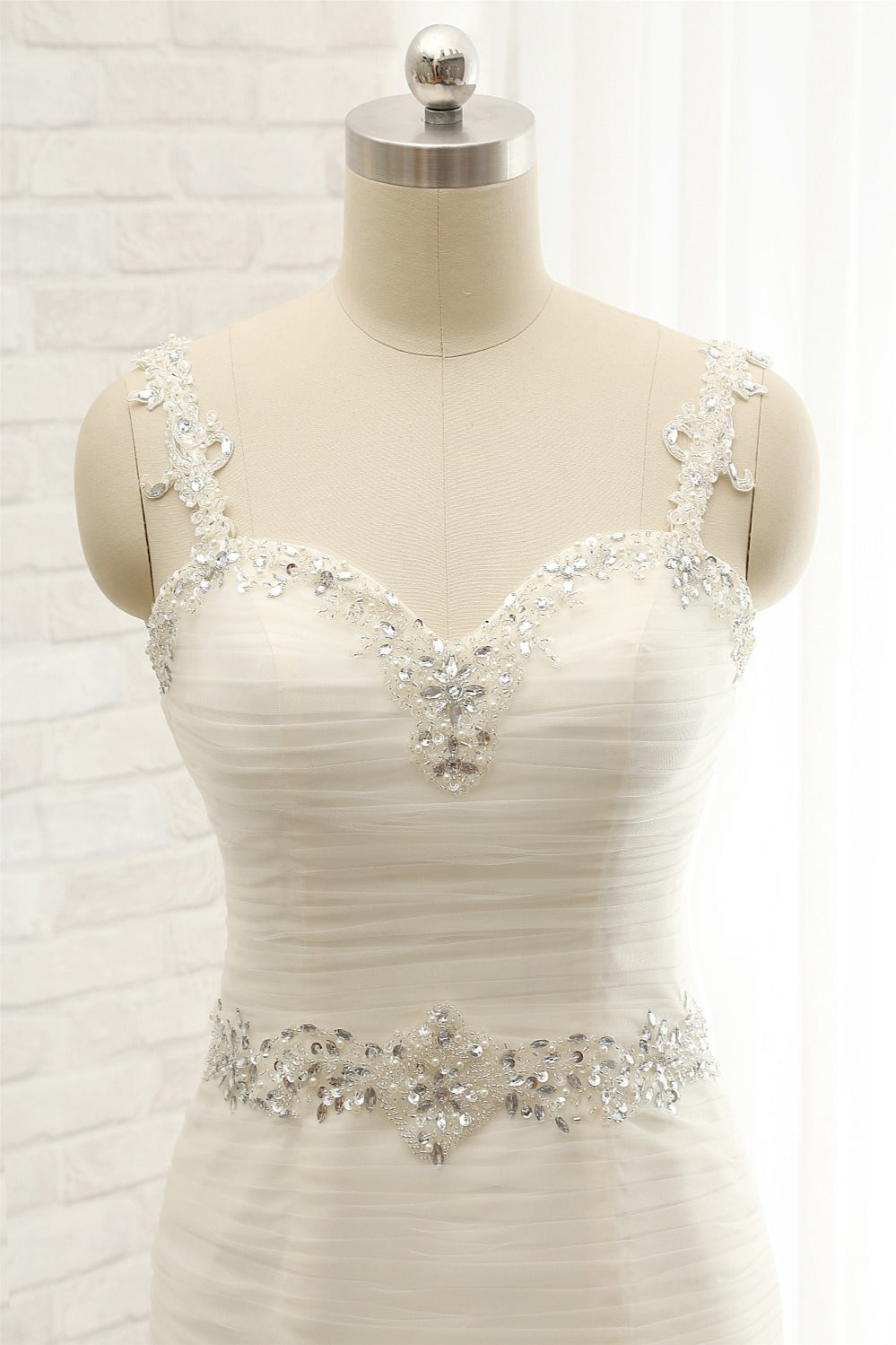 Unique Ivory Straps Mermaid Wedding Dresses Tulle Ruffles Sequins Bridal Gowns Online