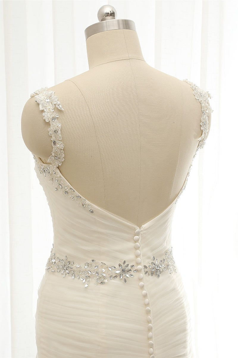 Unique Ivory Straps Mermaid Wedding Dresses Tulle Ruffles Sequins Bridal Gowns Online