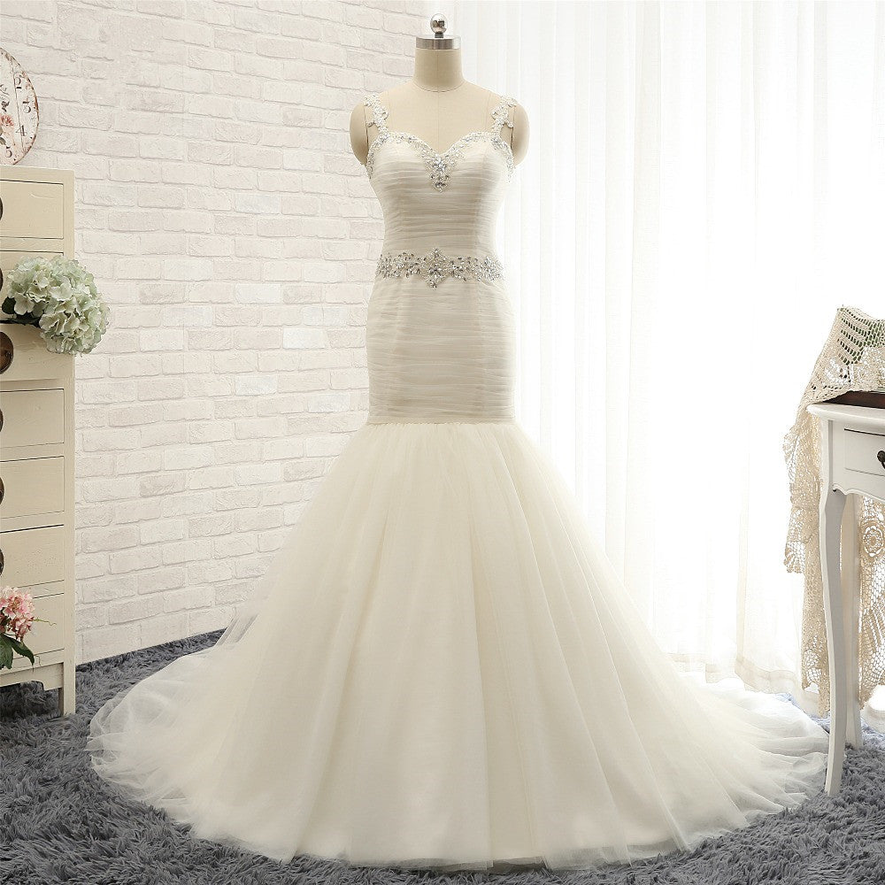 Unique Ivory Straps Mermaid Wedding Dresses Tulle Ruffles Sequins Bridal Gowns Online