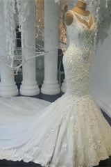 Unique Jewel Sleeveless White Wedding Dresses Mermaid Lace Bridal Gowns With Appliques Online