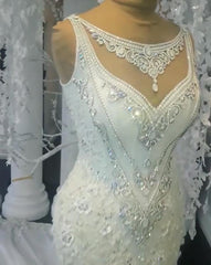 Unique Jewel Sleeveless White Wedding Dresses Mermaid Lace Bridal Gowns With Appliques Online