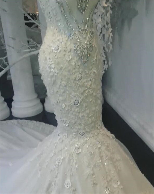 Unique Jewel Sleeveless White Wedding Dresses Mermaid Lace Bridal Gowns With Appliques Online