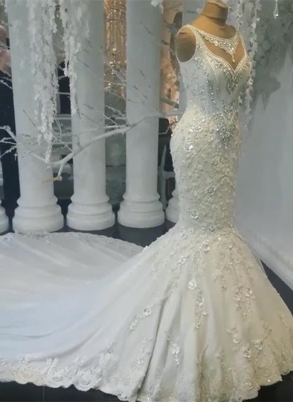 Unique Jewel Sleeveless White Wedding Dresses Mermaid Lace Bridal Gowns With Appliques Online