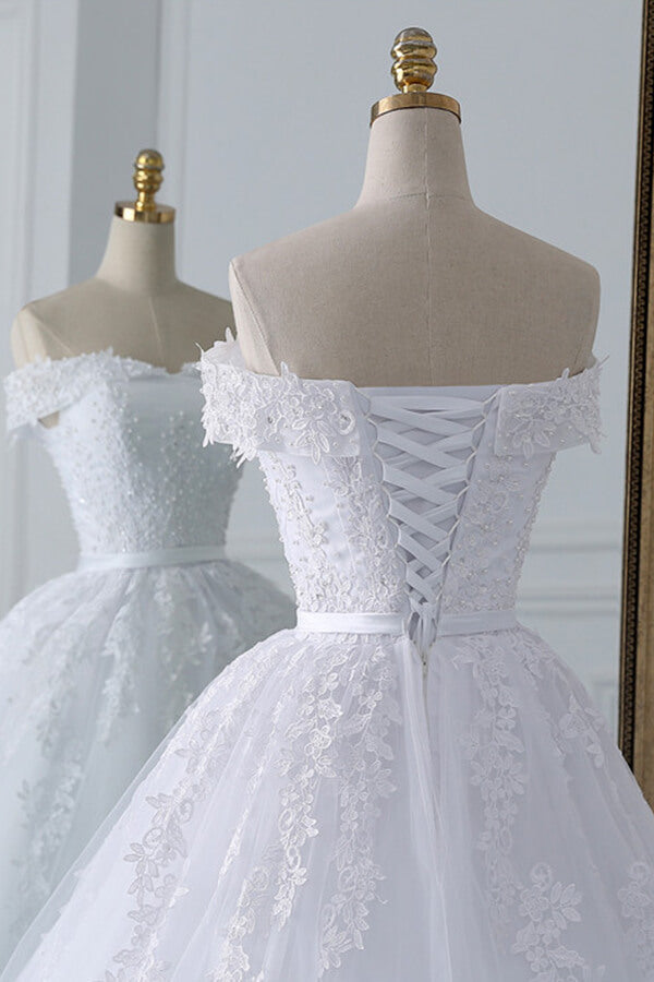 Unique Off the Shoulder Appliques Lace Wedding Dress Ball Gown White A-line Bridal Gowns On Sale