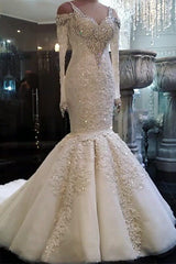 Unique Straps Longsleeves Mermaid Wedding Dresses White Sequins Lace Bridal Gowns With Appliques Online