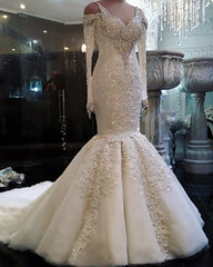 Unique Straps Longsleeves Mermaid Wedding Dresses White Sequins Lace Bridal Gowns With Appliques Online
