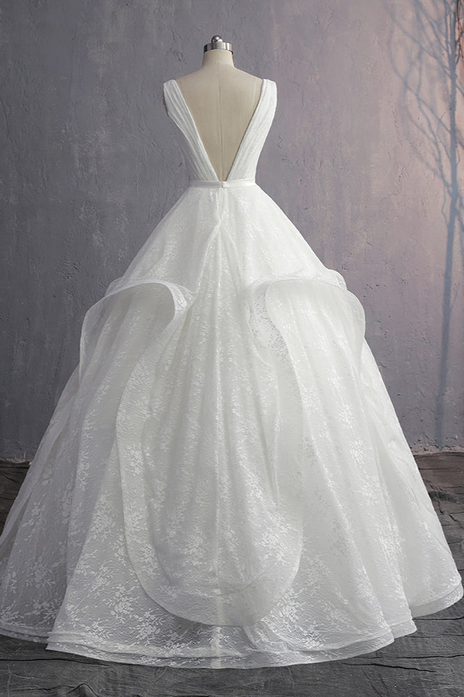 Unique V-Neck Ruffles Lace White Wedding Dress Appliques Sleeveless Bridal Gowns with Beadings On Sale