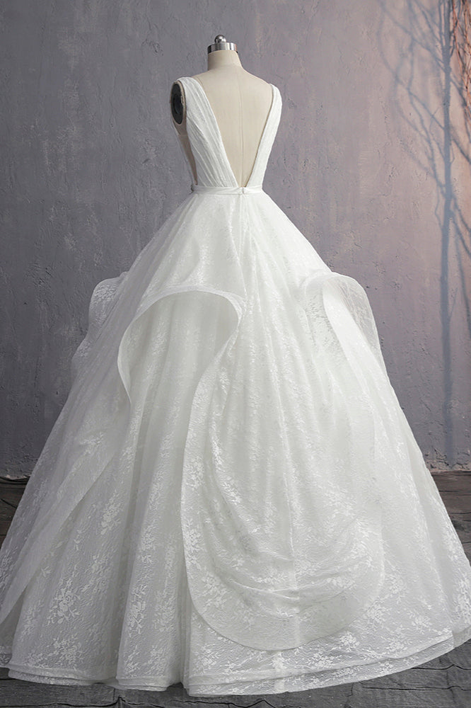 Unique V-Neck Ruffles Lace White Wedding Dress Appliques Sleeveless Bridal Gowns with Beadings On Sale