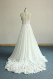 Unique White Jewel Sleeveless Wedding Dress Appliques Chiffon Bridal Gowns On Sale