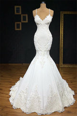 Unique White Spaghetti Straps Mermaid Wedding Dresses With Appliques Tulle Ruffles Lace Bridal Gowns Online