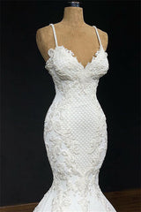 Unique White Spaghetti Straps Mermaid Wedding Dresses With Appliques Tulle Ruffles Lace Bridal Gowns Online