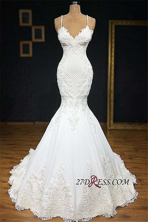 Unique White Spaghetti Straps Mermaid Wedding Dresses With Appliques Tulle Ruffles Lace Bridal Gowns Online