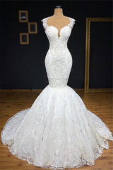 Unique White Straps Mermaid Wedding Dresses With Appliques Tulle Ruffles Lace Bridal Gowns Online