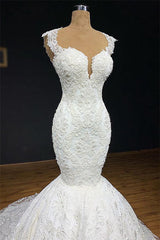 Unique White Straps Mermaid Wedding Dresses With Appliques Tulle Ruffles Lace Bridal Gowns Online