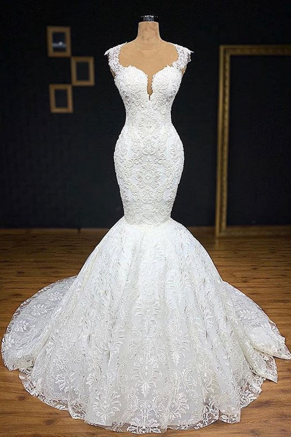 Unique White Straps Mermaid Wedding Dresses With Appliques Tulle Ruffles Lace Bridal Gowns Online