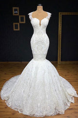 Unique White Straps Mermaid Wedding Dresses With Appliques Tulle Ruffles Lace Bridal Gowns Online
