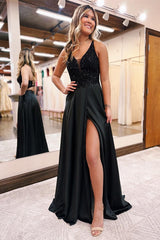 V-Neck Black Prom Dress Sleeveless Split With Split