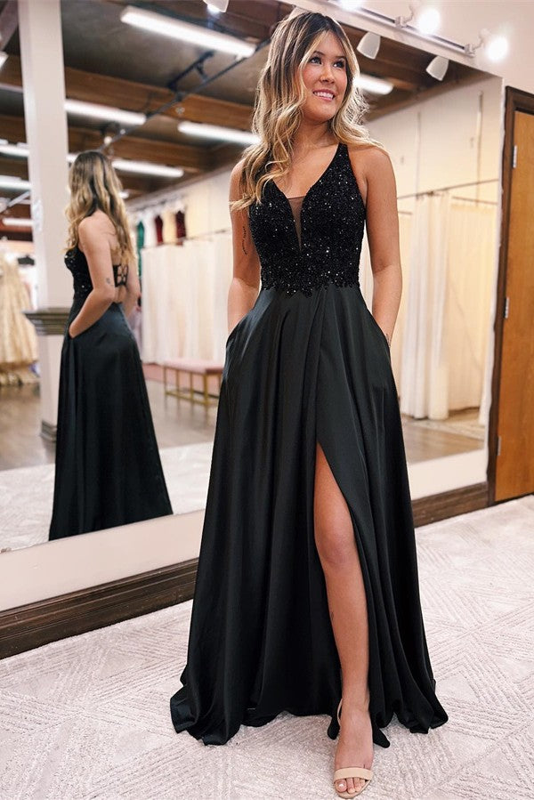 V-Neck Black Prom Dress Sleeveless Split With Split