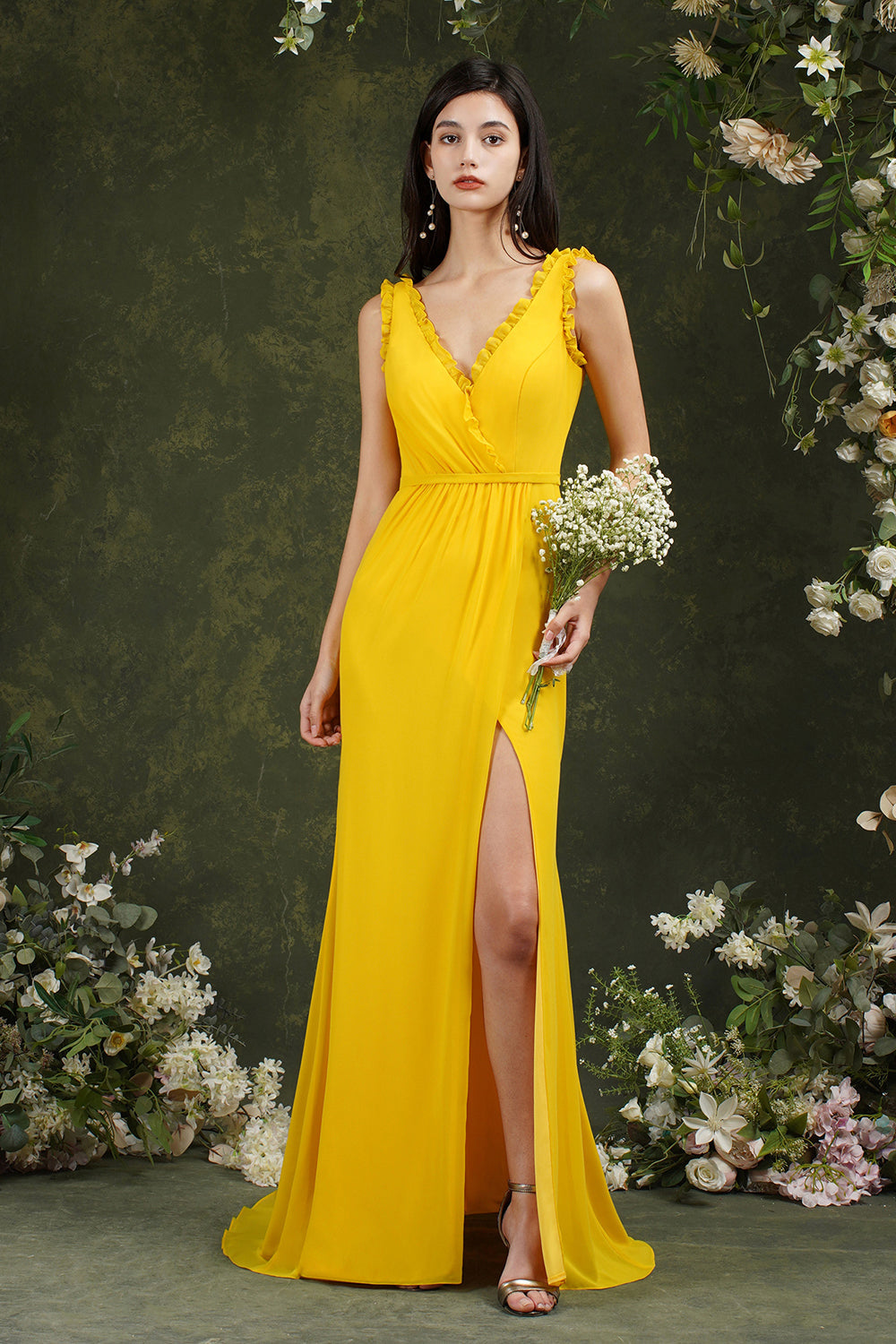 V-Neck Bridesmaid Dress Chiffon With Slit