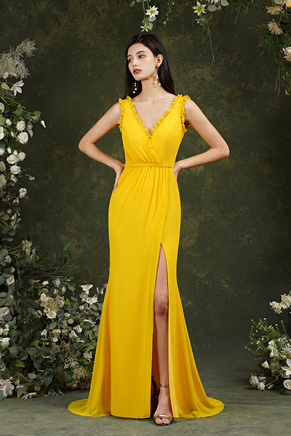 V-Neck Bridesmaid Dress Chiffon With Slit