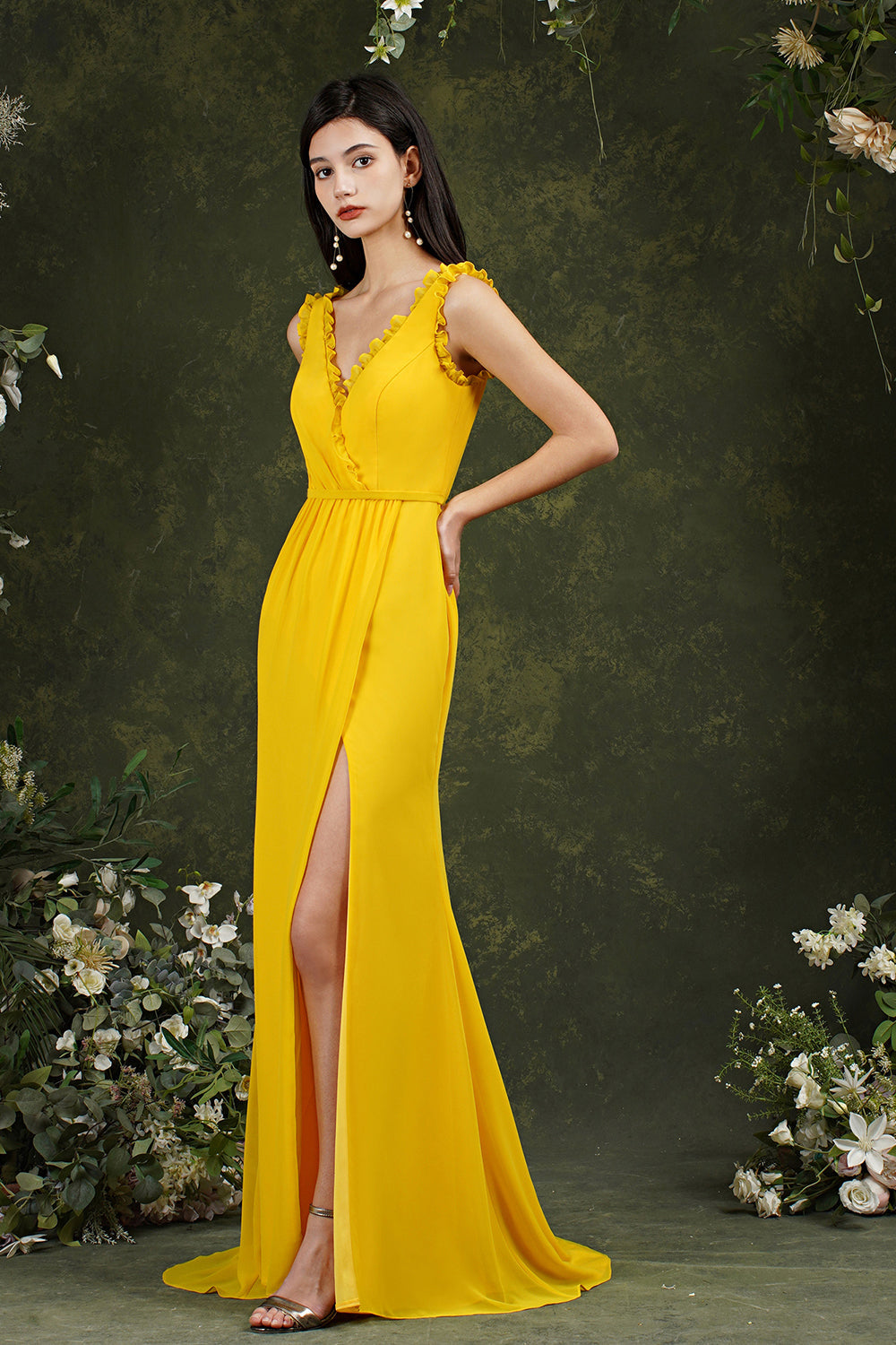 V-Neck Bridesmaid Dress Chiffon With Slit