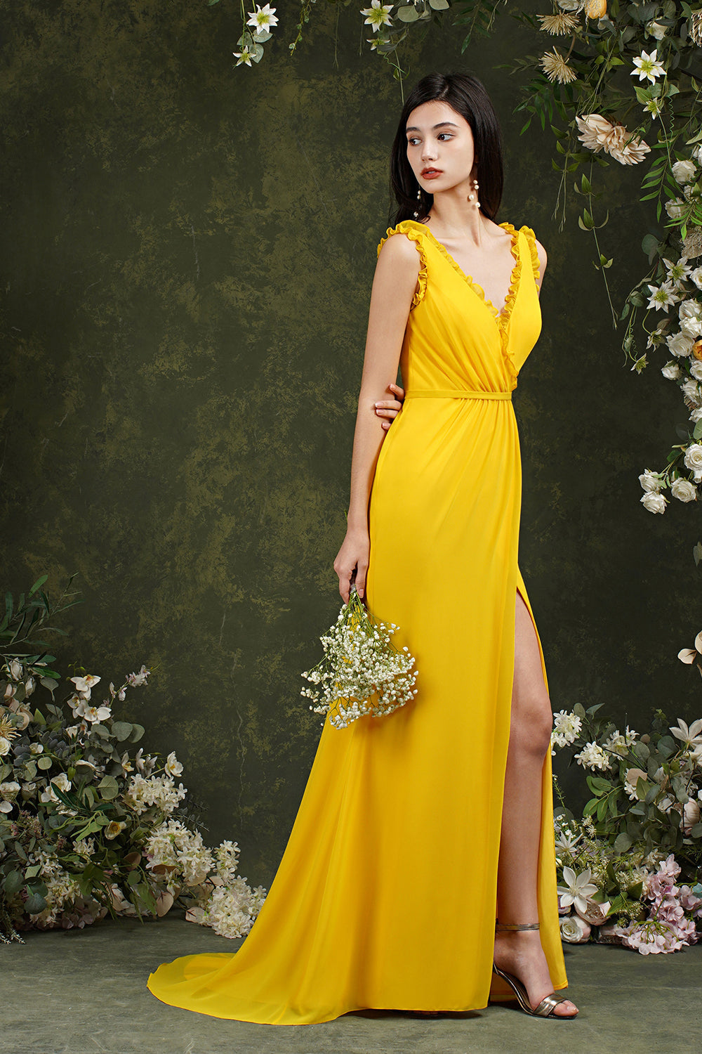 V-Neck Bridesmaid Dress Chiffon With Slit