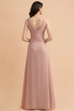 V-Neck Dusty Rose Chiffon Bridesmaid Dress with Ruffles