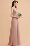 V-Neck Dusty Rose Chiffon Bridesmaid Dress with Ruffles