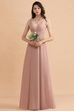 V-Neck Dusty Rose Chiffon Bridesmaid Dress with Ruffles