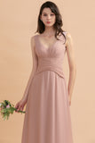 V-Neck Dusty Rose Chiffon Bridesmaid Dress with Ruffles