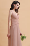 V-Neck Dusty Rose Chiffon Bridesmaid Dress with Ruffles