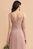 V-Neck Dusty Rose Chiffon Bridesmaid Dress with Ruffles