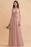 V-Neck Dusty Rose Chiffon Bridesmaid Dress with Ruffles
