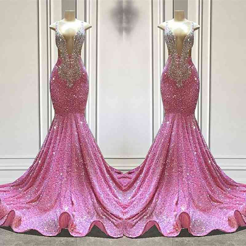 V-Neck Pink Prom Dress Mermaid Sleeveless With Beads