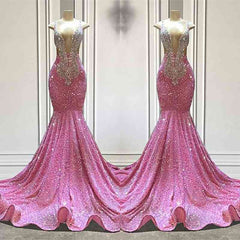 V-Neck Pink Prom Dress Mermaid Sleeveless With Beads