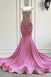 V-Neck Pink Prom Dress Mermaid Sleeveless With Beads