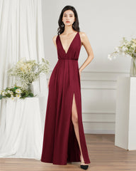 V-Neck Sleeveless Bridesmaid Dress Long With Slit