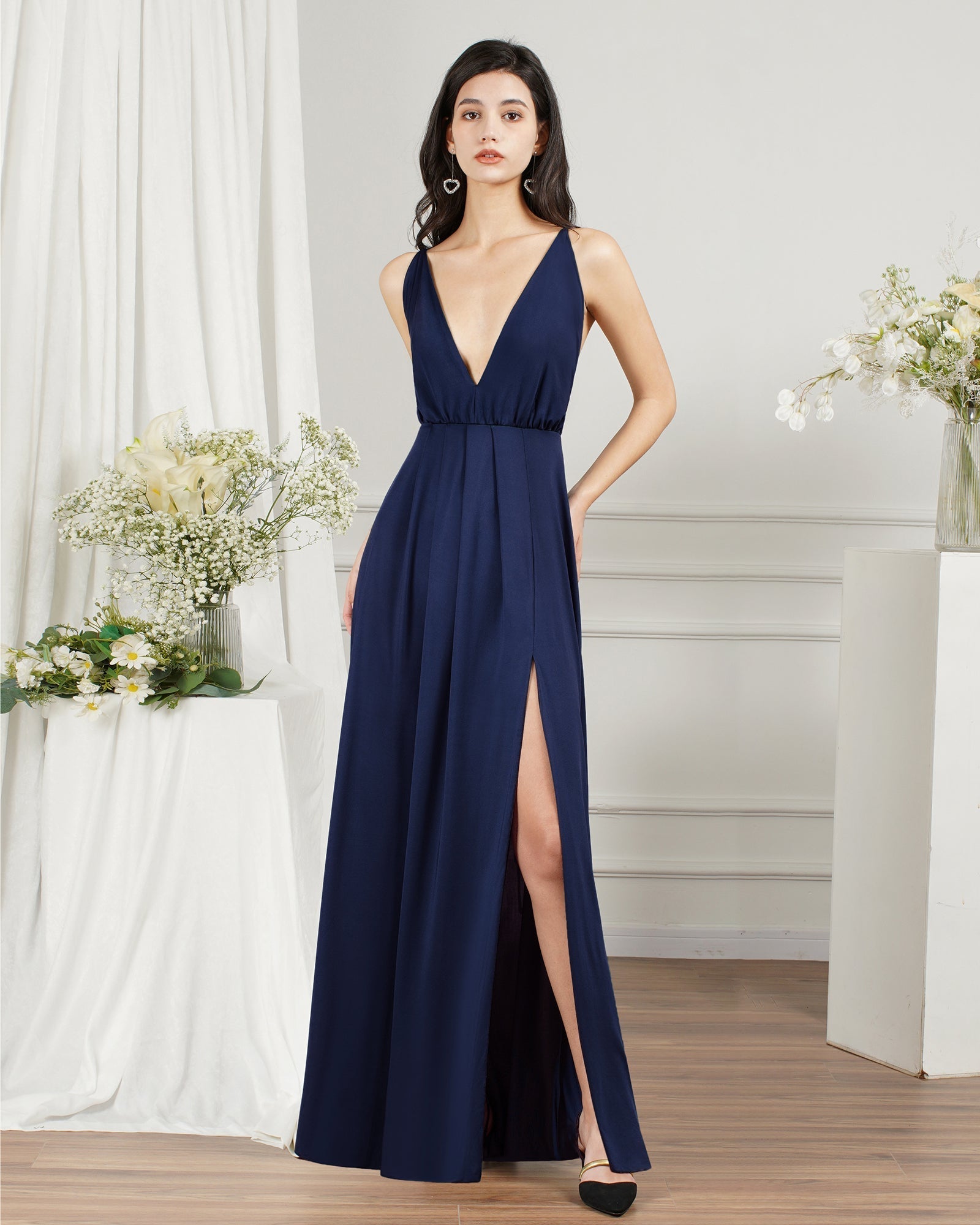 V-Neck Sleeveless Bridesmaid Dress Long With Slit