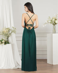V-Neck Sleeveless Bridesmaid Dress Long With Slit