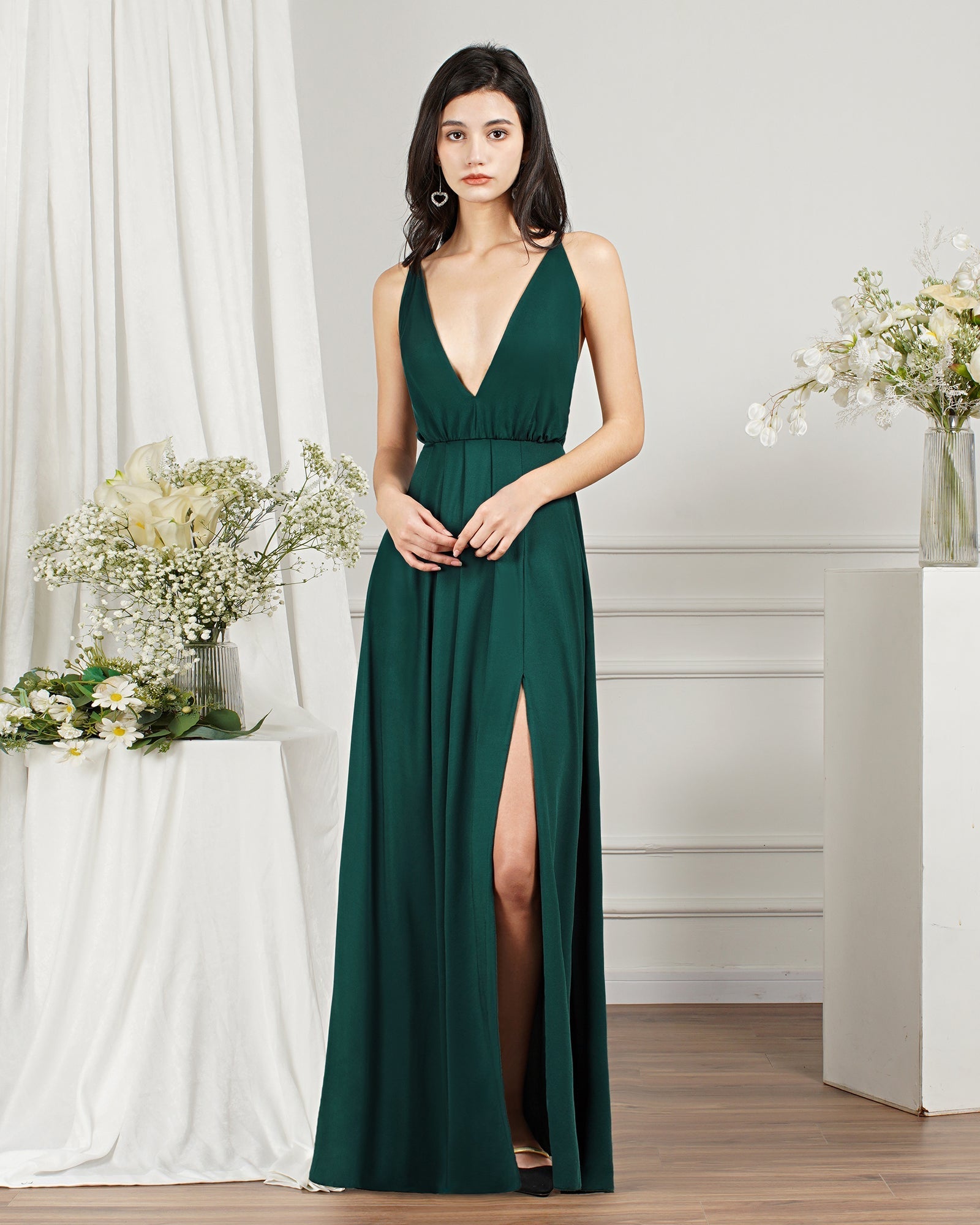 V-Neck Sleeveless Bridesmaid Dress Long With Slit