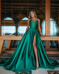 V-Neck Sleeveless Long Prom Dress Emerald Green With Slit