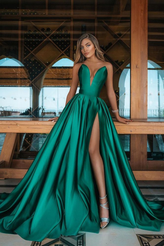 V-Neck Sleeveless Long Prom Dress Emerald Green With Slit